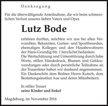 Traueranzeige von Lutz Bode  von Magdeburger Volksstimme