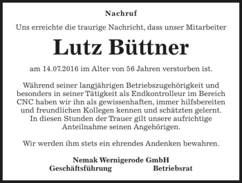 Traueranzeige von Lutz Büttner  von Magdeburger Volksstimme