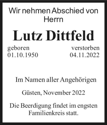 Traueranzeige von Lutz Dittfeld  von Magdeburger Volksstimme
