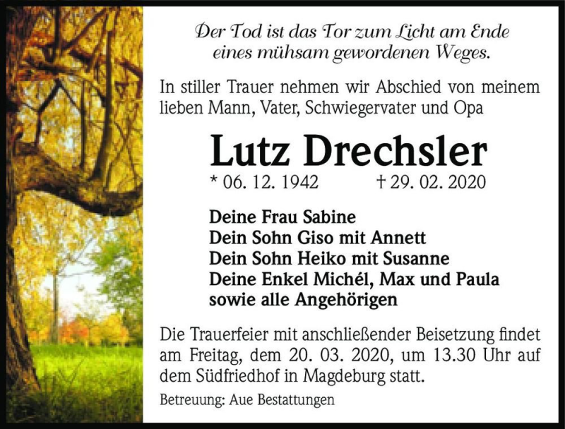  Traueranzeige für Lutz Drechsler  vom 14.03.2020 aus Magdeburger Volksstimme