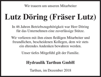 Traueranzeige von Lutz Döring (Fräser Lutz)  von Magdeburger Volksstimme