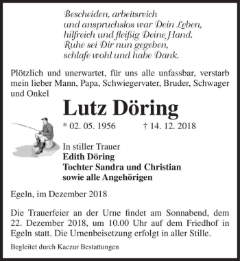 Traueranzeige von Lutz Döring  von Magdeburger Volksstimme