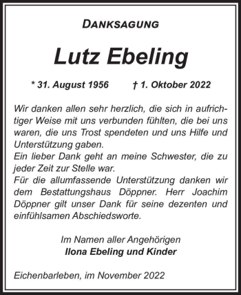 Traueranzeige von Lutz Ebeling  von Magdeburger Volksstimme