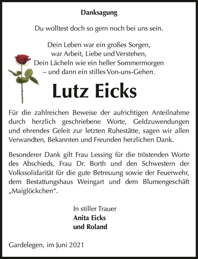  Traueranzeige für Lutz Eicks  vom 05.06.2021 aus Magdeburger Volksstimme