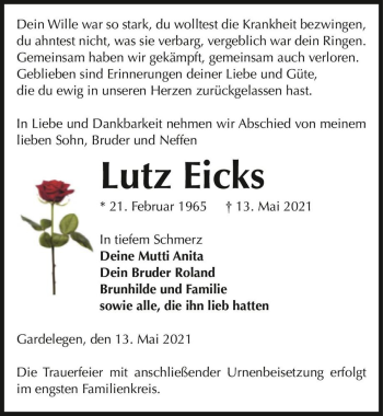 Traueranzeige von Lutz Eicks  von Magdeburger Volksstimme