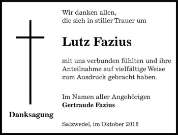 Traueranzeige von Lutz Fazius  von Magdeburger Volksstimme
