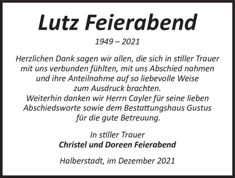  Traueranzeige für Lutz Feierabend  vom 31.12.2021 aus Magdeburger Volksstimme