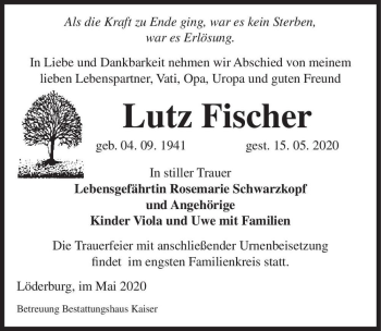 Traueranzeige von Lutz Fischer  von Magdeburger Volksstimme