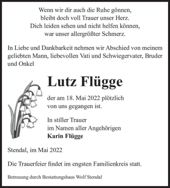 Traueranzeige von Lutz Flügge  von Magdeburger Volksstimme