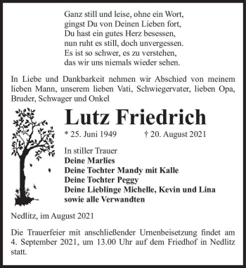 Traueranzeige von Lutz Friedrich  von Magdeburger Volksstimme