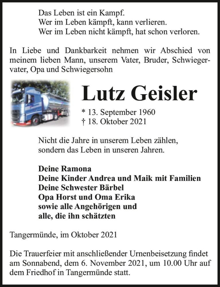  Traueranzeige für Lutz Geisler  vom 30.10.2021 aus Magdeburger Volksstimme