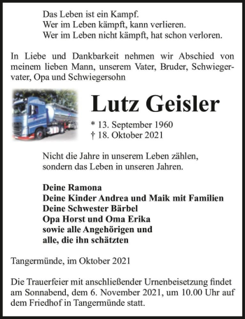 Traueranzeige von Lutz Geisler  von Magdeburger Volksstimme