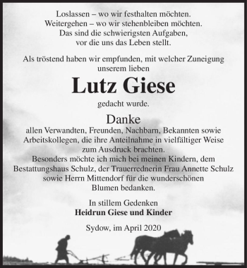 Traueranzeige von Lutz Giese  von Magdeburger Volksstimme