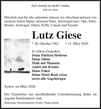 Traueranzeige von Lutz Giese  von Magdeburger Volksstimme
