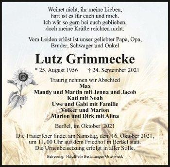 Traueranzeige von Lutz Grimmecke  von Magdeburger Volksstimme