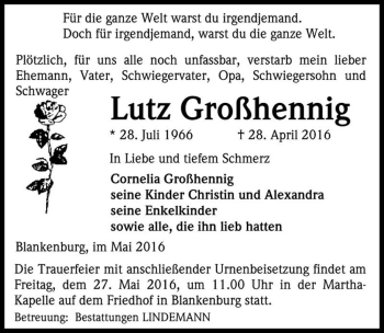 Traueranzeige von Lutz Großhennig  von Magdeburger Volksstimme