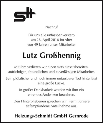 Traueranzeige von Lutz Großhennig  von Magdeburger Volksstimme