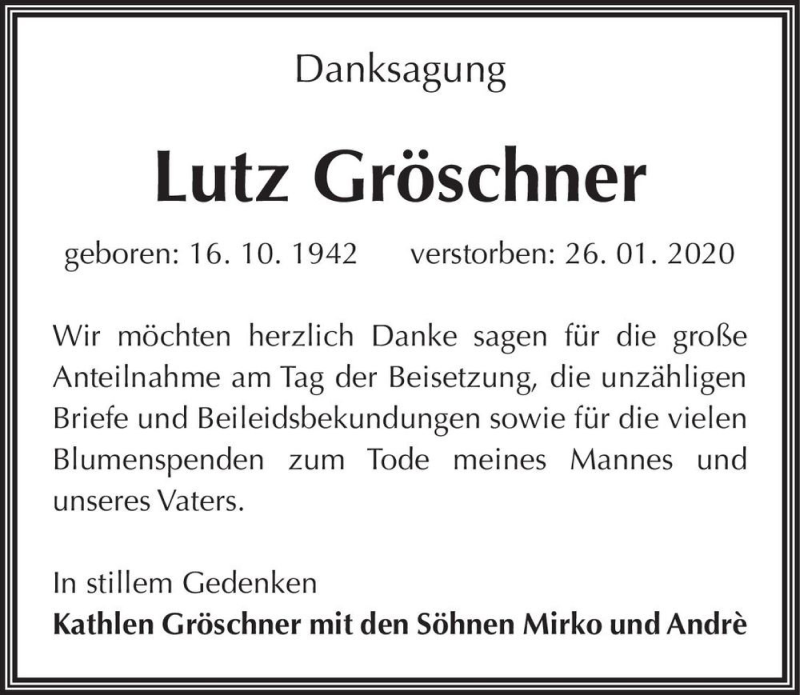  Traueranzeige für Lutz Gröschner  vom 29.02.2020 aus Magdeburger Volksstimme