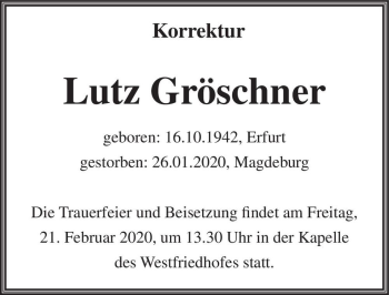 Traueranzeige von Lutz Gröschner  von Magdeburger Volksstimme