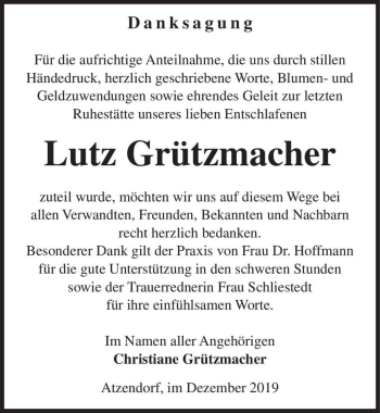 Traueranzeige von Lutz Grützmacher  von Magdeburger Volksstimme