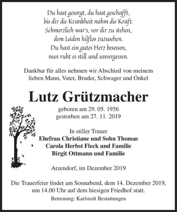 Traueranzeige von Lutz Grützmacher  von Magdeburger Volksstimme