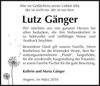 Traueranzeige von Lutz Gänger  von Magdeburger Volksstimme