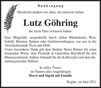 Traueranzeige von Lutz Göhring  von Magdeburger Volksstimme