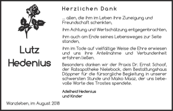 Traueranzeige von Lutz Hedenius  von Magdeburger Volksstimme