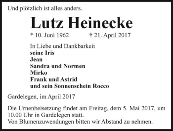Traueranzeige von Lutz Heinecke  von Magdeburger Volksstimme