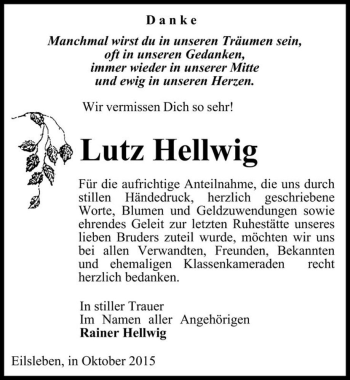 Traueranzeige von Lutz Hellwig  von Magdeburger Volksstimme