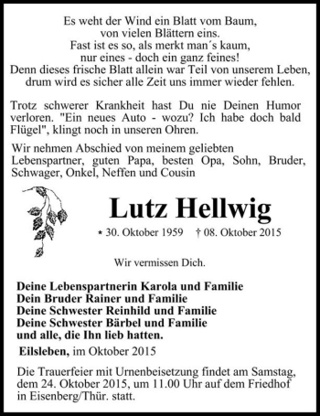 Traueranzeige von Lutz Hellwig  von Magdeburger Volksstimme
