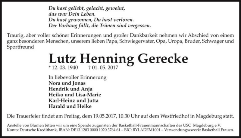  Traueranzeige für Lutz Henning Gerecke  vom 13.05.2017 aus Magdeburger Volksstimme