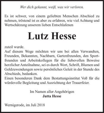 Traueranzeige von Lutz Hesse  von Magdeburger Volksstimme