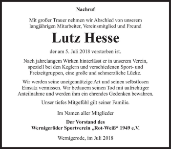 Traueranzeige von Lutz Hesse  von Magdeburger Volksstimme
