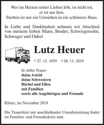 Traueranzeige von Lutz Heuer  von Magdeburger Volksstimme