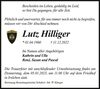 Traueranzeige von Lutz Hilliger  von Magdeburger Volksstimme