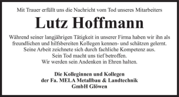 Traueranzeige von Lutz Hoffmann  von Magdeburger Volksstimme