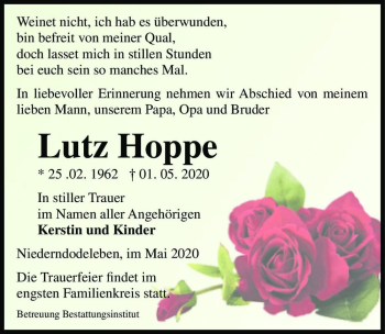 Traueranzeige von Lutz Hoppe  von Magdeburger Volksstimme