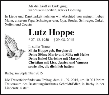 Traueranzeige von Lutz Hoppe  von Magdeburger Volksstimme