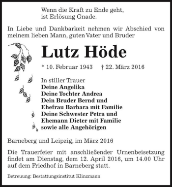 Traueranzeige von Lutz Höde  von Magdeburger Volksstimme