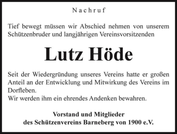Traueranzeige von Lutz Höde  von Magdeburger Volksstimme