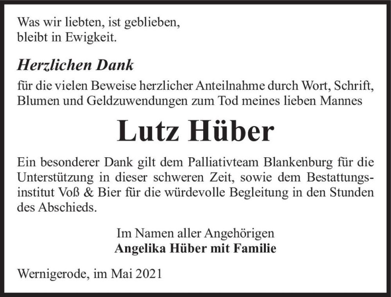  Traueranzeige für Lutz Hüber  vom 05.06.2021 aus Magdeburger Volksstimme