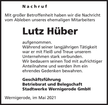 Traueranzeige von Lutz Hüber  von Magdeburger Volksstimme