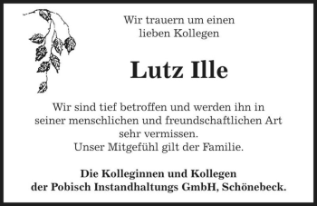 Traueranzeige von Lutz Ille  von Magdeburger Volksstimme