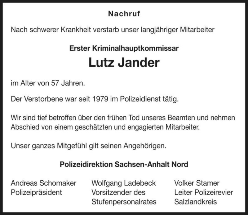  Traueranzeige für Lutz Jander  vom 29.06.2016 aus Magdeburger Volksstimme