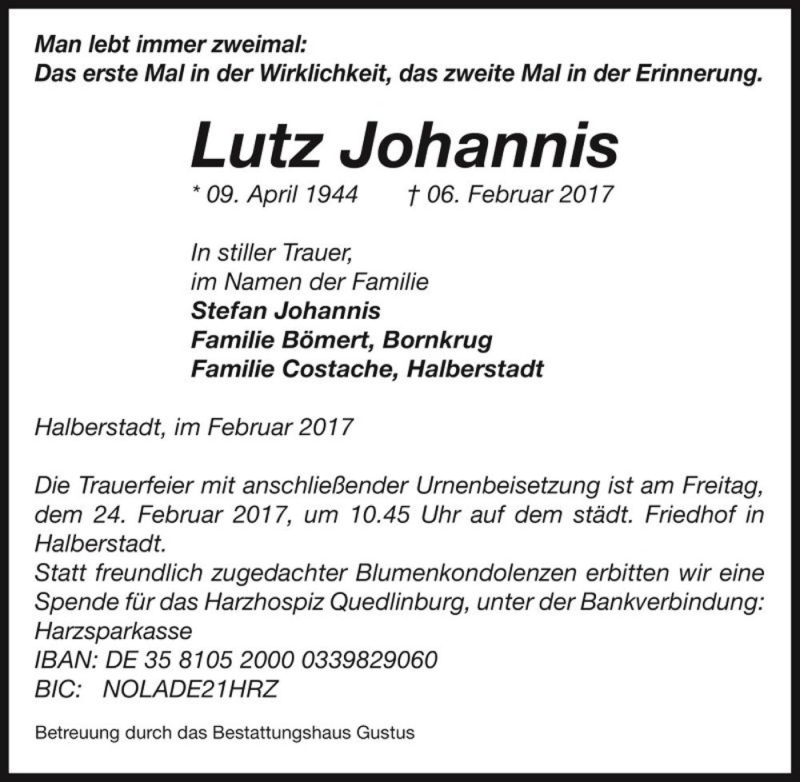  Traueranzeige für Lutz Johannis  vom 11.02.2017 aus Magdeburger Volksstimme