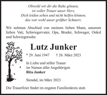 Traueranzeige von Lutz Junker  von Magdeburger Volksstimme