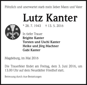 Traueranzeige von Lutz Kanter  von Magdeburger Volksstimme