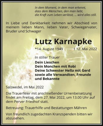 Traueranzeige von Lutz Karnapke  von Magdeburger Volksstimme