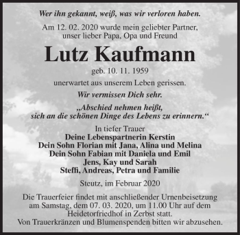 Traueranzeige von Lutz Kaufmann  von Magdeburger Volksstimme